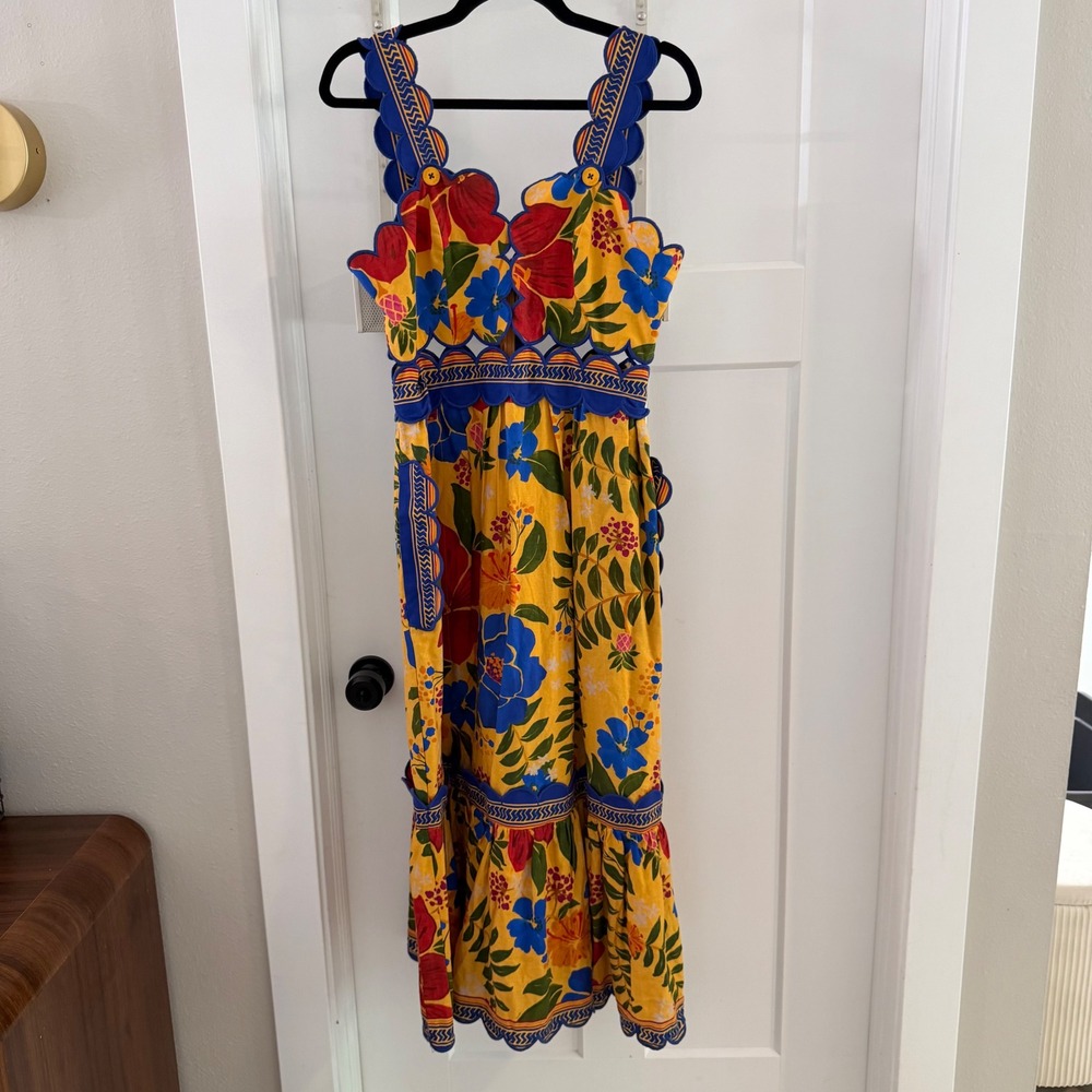 Farm Rio Yellow Floral Yard Midi Dress Scalloped Cutout Tropical Print Boho